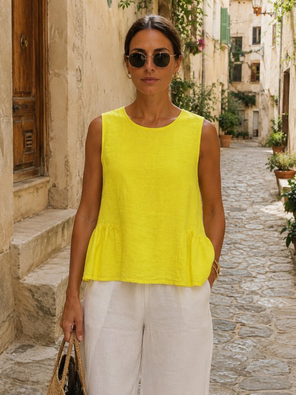FRANCESCA BETTINI Linen Yellow Peplum Tank Top Italian Euro Summer Lagenlook M
